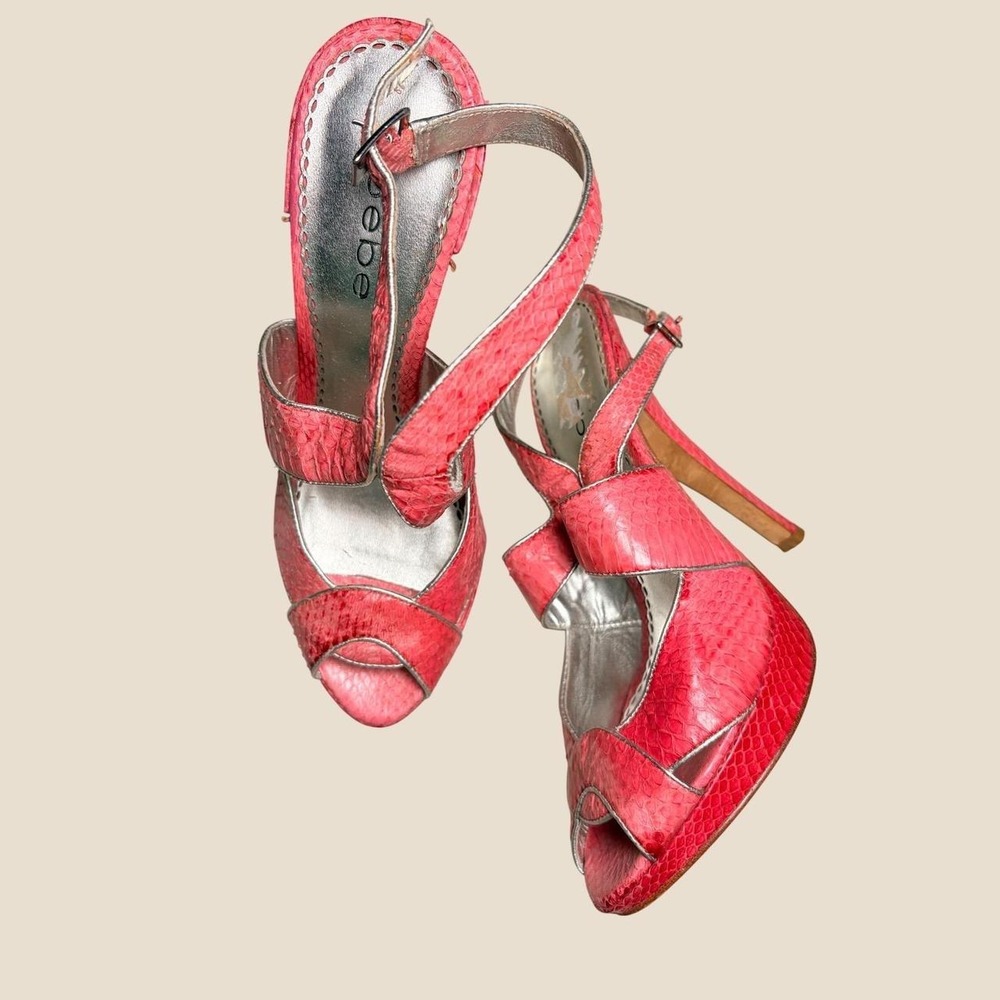 Y2K Bebe Pink Snakeskin Embossed Platform Heels Silver Trim Peep Toe Sandals